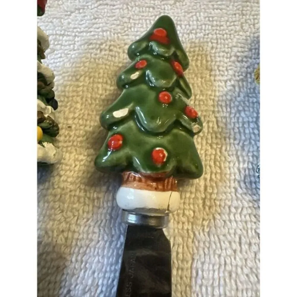 3 Vintage Christmas Tree Snack Spreaders   Knobler Stainless‎ Japan
